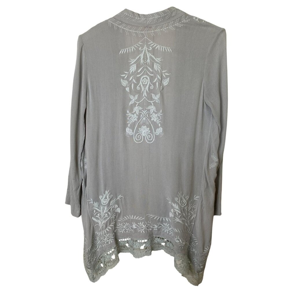 Sundance Embroidered Cardigan M Gray Boho Open Front Lace Trim Festival Party - Picture 2 of 11